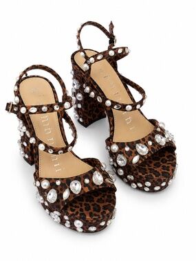 NWT Gianni Bini Calvan Two Leopard Jewel Ornamented Platform Dress Sandals